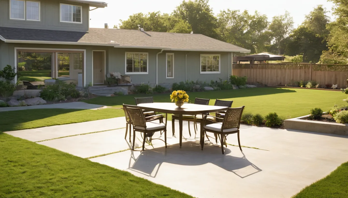 Finished concrete home patio with outdoor table behind a ranch-style house in Cuyahoga Falls